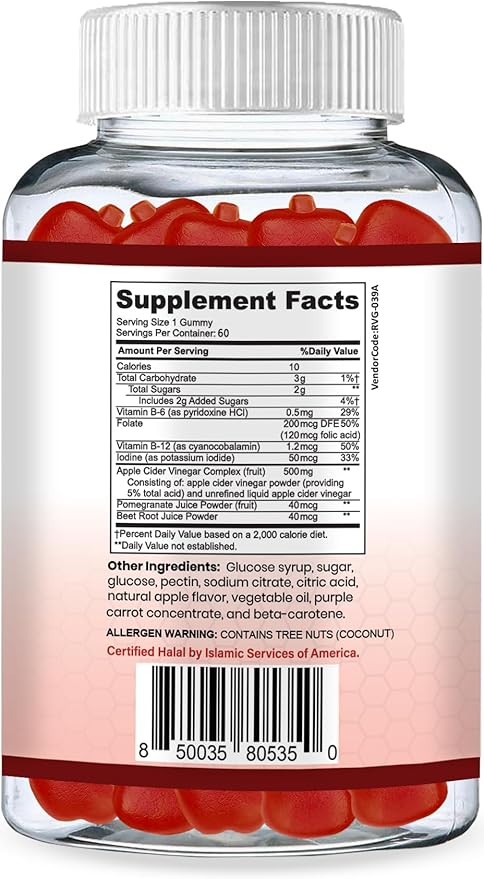 Halal Apple Cider Vinegar Gummies. Cleanse & Detox ACV Gummies for Immune Support & Digestion. Vegan, Non-GMO, Keto Friendly, Gelatin Free Apple Cider Gummies. 60 Count, 60 Servings