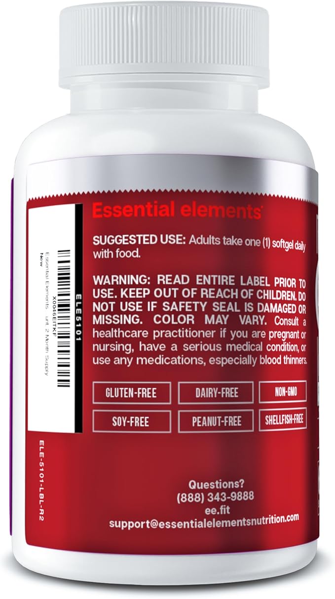 Essential Elements CoQ10 100mg Softgels for Heart, Brain, and Vascular Support - Comprehensive Coenzyme Q10 Supplement Formulated for Optimal Absorption - 60 Count, 2 Month Supply