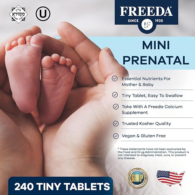 FREEDA Mini Prenatal Vitamin - Kosher Prenatals -Tiny Easy to Swallow Tablets - Prenatal Vitamins with Iron, Prenatal Folic Acid/Folate, Vitamin D - Pre Natal Multivitamin for Pregnant Women (240)