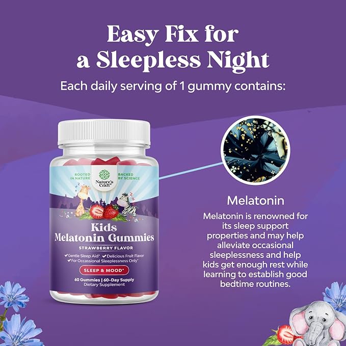 Natures Craft Melatonin Gummies for Kids Sleep Support - Hassle-Free Kids Melatonin Gummies for Mood Support - Delicious and Tummy Friendly Gummy 1 Mg Little Ones Non-GMO Gluten Free and Halal