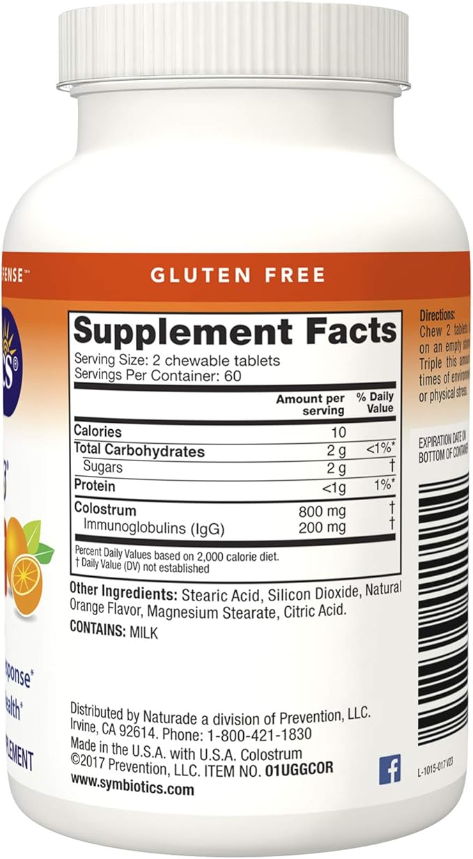 Symbiotics Colostrum 120ct Chewables Plus - Immunity Support for Adult & Kids - Lactoferrin Supplement & Colostrum Protein - Supports Digestion & Gut - 25% lgG Antibodies, Gluten Free - Orange Creme