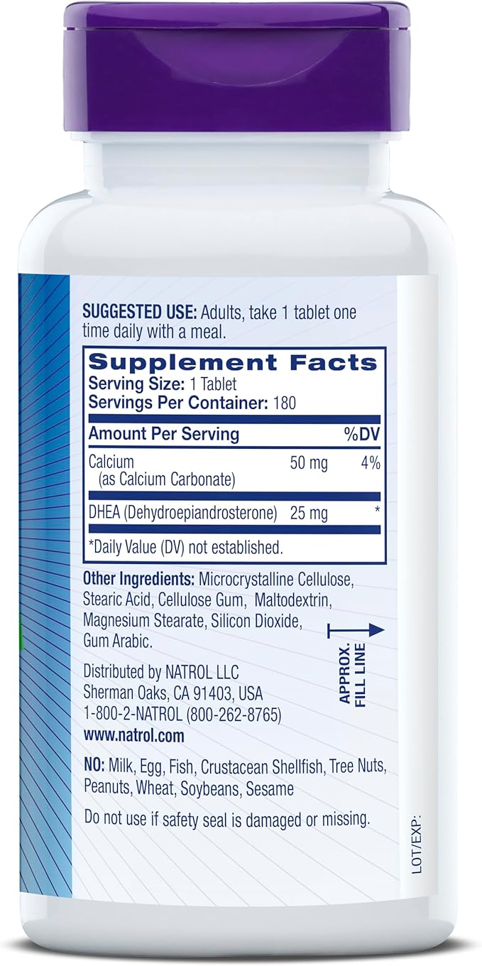 Natrol Mood & Stress DHEA 25mg with Calcium, Dietary Supplement for Balance of Certain Hormone Level and Mood Support, 180 Tablets, 180 Day Supply (Pack of 12)