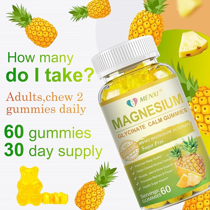 Magnesium Glycinate Gummies 400mg, Sugar Free Magnesium Taurate,Magnesium Malate Supplement with Vitamin D, B6, CoQ10 for Relaxation, Stress Relief, Muscle, Bone & Sleep Support-120 Pineapple Gummies
