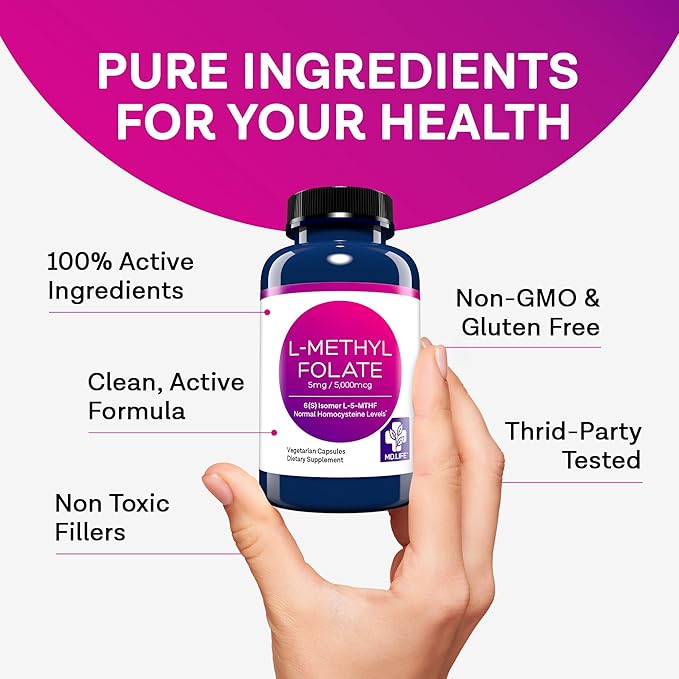 MD Life L-Methylfolate 5mg - Professional-Grade Active Methylfolate Supplement - Maximum Potency MTHFR Supplements - L methylfolate 5mg 90 Capsules - Essential Amino Acids