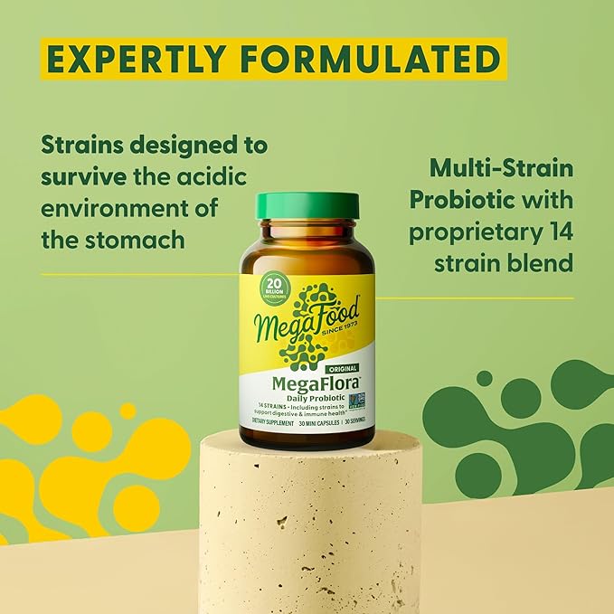 MegaFood MegaFlora Probiotic - Probiotics for Women Digestive Health - Immune Support Supplement - 20 Billion CFU - 14 Strains - Non-GMO - Vegetarian - 90 Mini Capsules (90 Servings)