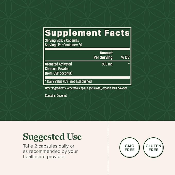 Global Healing Ozonated Activated Charcoal Powder - Advanced Digestive Detox That Adsorbs Internal Unwanted Compounds - Helps Relieve Occasional Gas Discomfort - 60 Activated Charcoal Pills