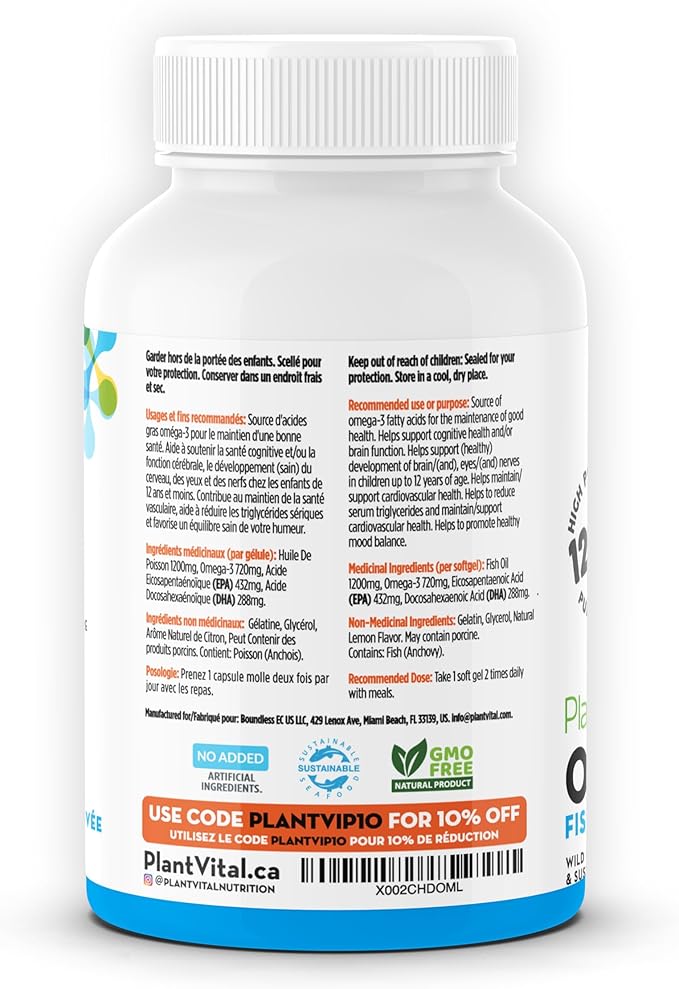 Plantvital Omega 3 Capsules- Pure Norwegian Omega 3 Fish Oil Supplements - Triple Strength- No Fish Flavor- Molecularly Distilled- Cognitive, Joint, Eye, Hair and Heart Health support-120 Capsules