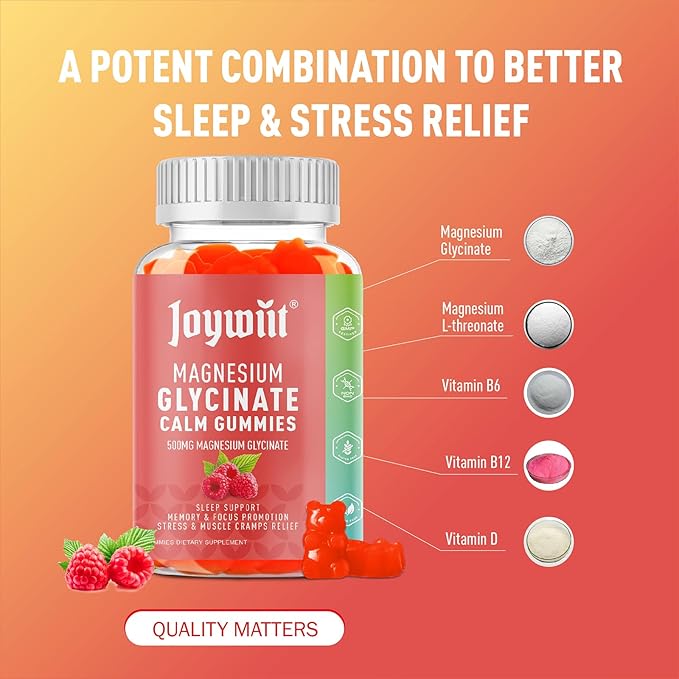 Magnesium Glycinate Gummies 500mg Magnesium Supplement Gummies, Threonate 200mg, Vitamin D,B6,B12,Calm Mood, Muscle Relief, Nerve Health, Bone Support- 60 Counts