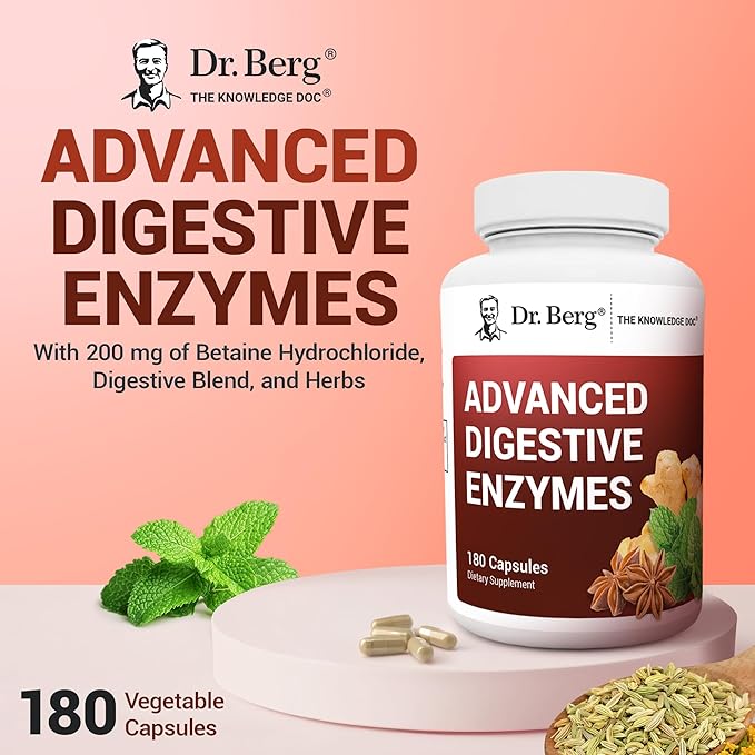 Dr. Berg Advanced Digestive Enzymes with Apple Cider Vinegar - Includes Digestive Health Ingredients Like Betaine Hydrochloride (HCI), Ginger Root & Peppermint Leaf - 180 Capsules