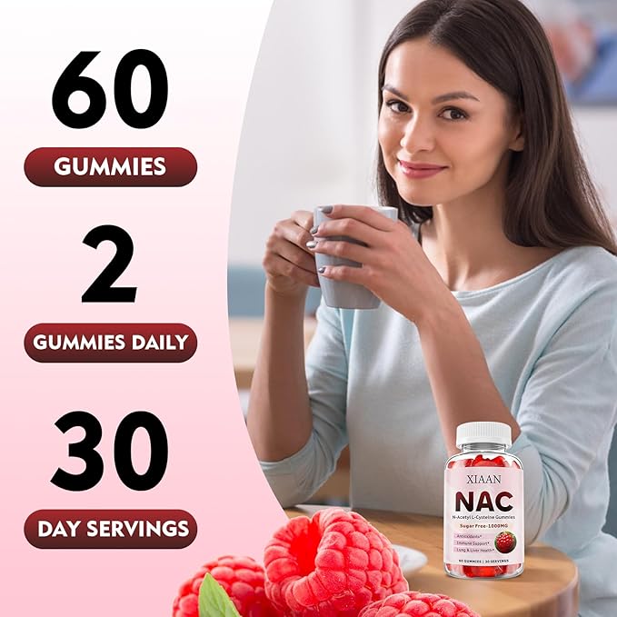 NAC Gummies for Kids & Adults, N Acetyl Cysteine 1000mg NAC Supplement for Antioxidants & Immune Support, Lung & Liver Health, Raspberry Flavor 60 Count