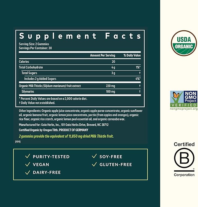 Gaia Herbs Milk Thistle Gummies - Herbal Supplement with Antioxidant Properties for Liver Health & Liver Detox - Lemon Flavored - 60 Vegan Gummies