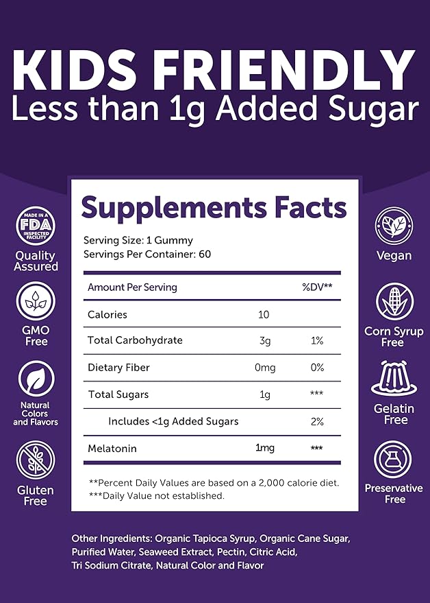 Lunakai USA Made Kids Melatonin Gummies 1mg - Safe & Natural Sleep Aid for Children 2+ - Non-GMO, Vegan, Gluten-Free - 60 Count