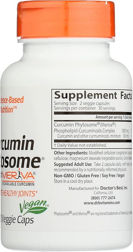 Doctors Best Curcumin Phytosome with Meriva, Non-GMO, Vegan, 60 Veggie Capsule (Pack of 1)