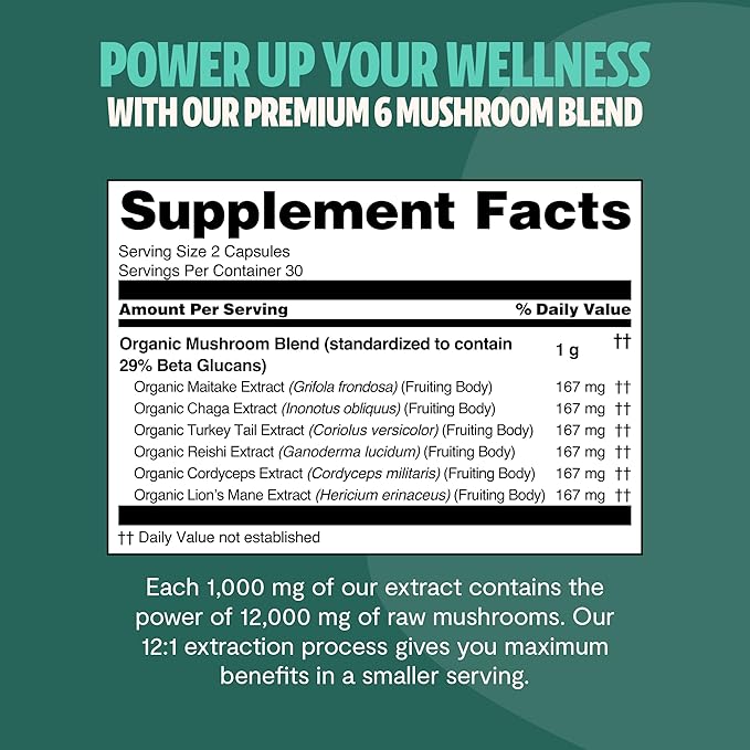 FreshCap Ultimate Mushroom Supplement 12,000mg - Mushroom Complex Capsules, Organic Mushrooms Supplement, Nootropic Brain Supplements for Memory and Focus Ayurveda (60 Capsules)