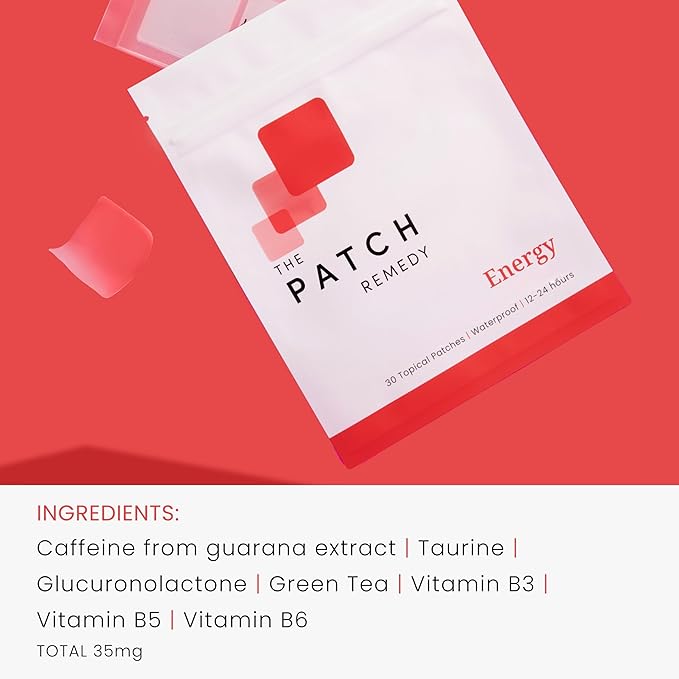 Energy Patches - 30 Topical Patches with Caffeine from Guarana Extract, Taurine, Glucuronolactone, Green Tea, Vitamin B3, B5, B6, Transdermal Caffeine Energy