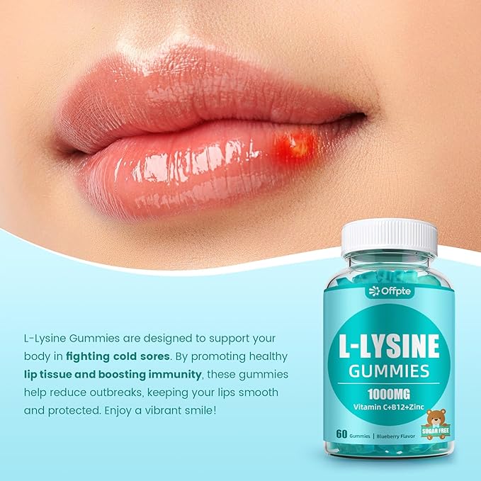 L- Lysine Gummies 1000mg - Sugar Free for Kids and Adults, Chewable L Lysine Supplements with Vitamin C,B12 & Zinc for Lips,Oral & Skin Health, Immune, Collagen Support, Vegan, Gluten Free,Mixedberry