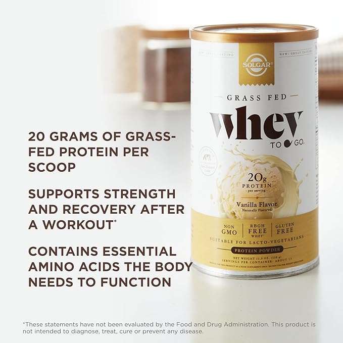 SOLGAR Grass Fed Whey to Go, Vanilla - 11.9 oz, Pack of 2 - Grass-Fed Whey Protein Powder - rBGH Free, Non-GMO, Gluten Free - 26 Total Servings