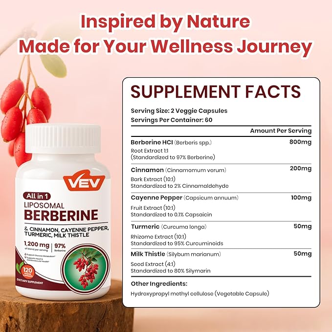 VEV Berberine Supplement with Ceylon Cinnamon, Cayenne Pepper, Turmeric, Milk Thistle, Vegan & Non-GMO – 120 Capsules