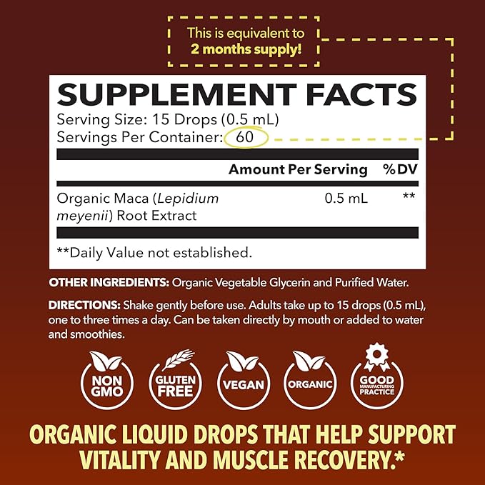 Organic Maca Root Drops Liquid - Supports Endurance, Mood, and Performance in Men & Women - Black Maca to Promote Overall Health & Support Fertility - Alcohol Free, Non-GMO, Vegan, Unflavored, 30mL