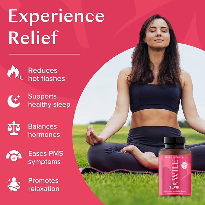 WILE Menopause and Perimenopause Supplements for Women - Hot Flashes and Night Sweats Relief with Kudzu Root - Premenopause Support for Stress, Hot Flash, Hormone Balance & Restful Sleep, 30 Servings