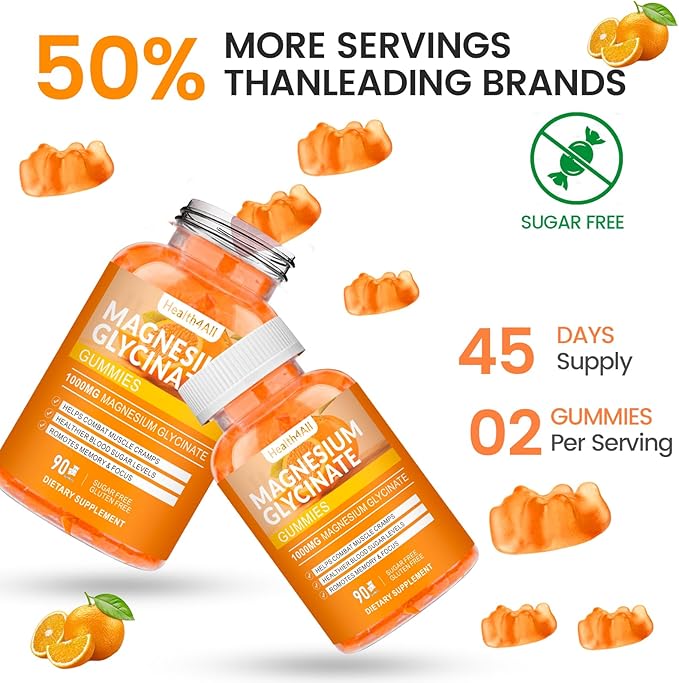 Magnesium Glycinate Gummies 1000mg, High Absorption Sugar Free Magnesium Potassium Supplement for Relaxation, Stress Relief, and Sleep Support for Adults & Kids - 90 Orange Gummies