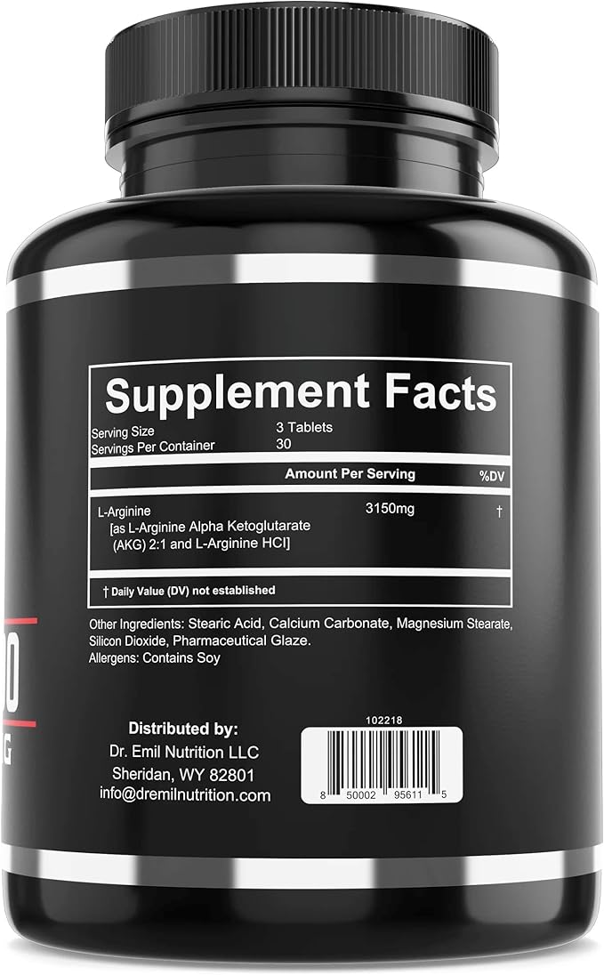 Dr. Emil - L Arginine (3150mg) Highest Capsule Dose - Nitric Oxide Supplement for Vascularity, Endurance and Heart Health (AAKG and HCL) - 90 Tablets