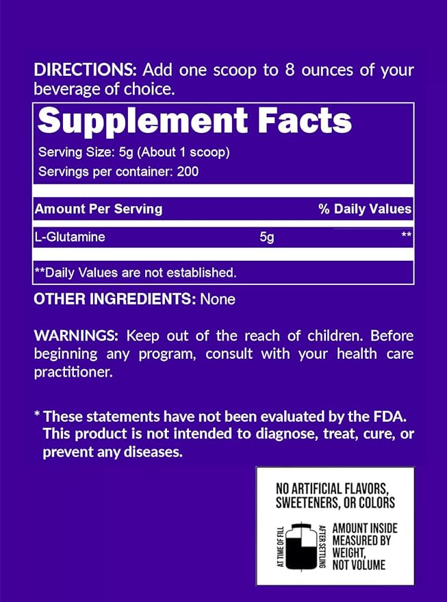 Pure L-Glutamine Made in The USA - 200 Servings - 1,000g, 2.2lb Bulk, Vegan, Non-GMO, Gluten and Soy Free. Minimize Muscle Breakdown & Improve Protein Synthesis. No Additives
