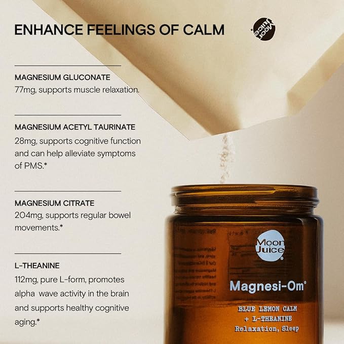 Moon Juice - Magnesi-Om, Blue Lemon - Jar (30 Servings) - Support Brain Health & Rest - Magnesium Powder - L-Theanine - Regularity - Glass Bottle - 100% Traceable - Vegan & Non GMO - 4.2oz