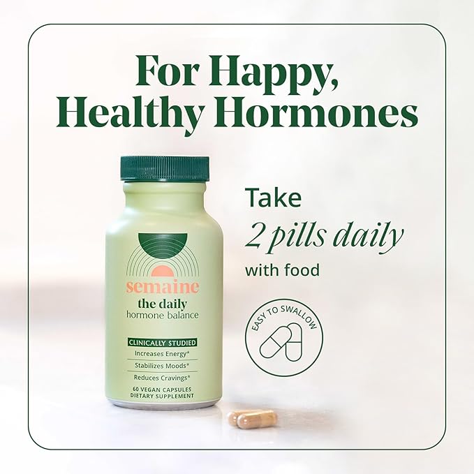Semaine Daily Hormone Balance – Clearer Skin, Enhanced Moods, Deeper Sleep & Happier Hormones. Hormone-Free, Vegan Capsule, Multi-Symptom Support (60 ct)