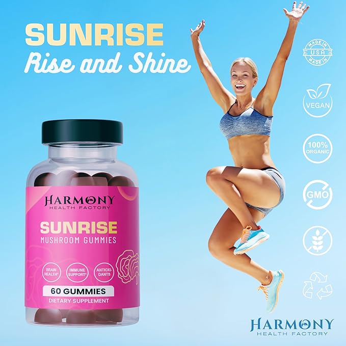 SUNRISE 10x Potency Mushroom Supplement Gummies for Energy, Mood and Immune Support with Organic Lion's Mane, Cordyceps, Reishi, Chaga and Turkey Tail Nootropic Adaptogenic Raspberry Flavor 60 Count
