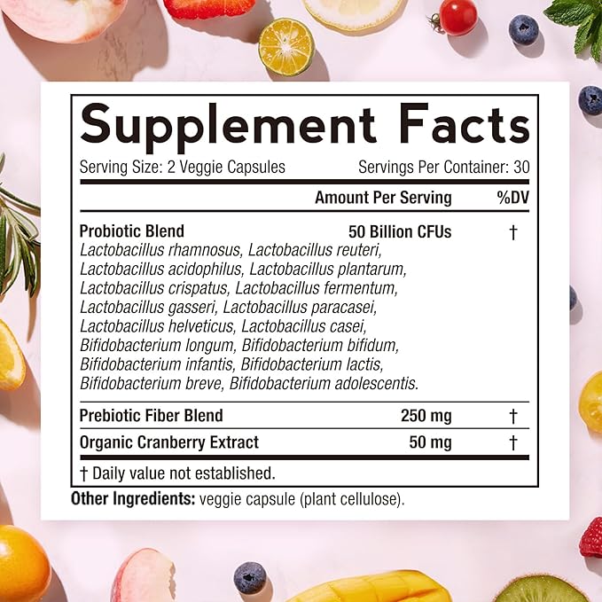 Doctor's Recipes Women’s Probiotic, 60 Caps 50 Billion CFU 16 Strains, with Organic Cranberry, Digestive Immune Vaginal & Urinary Health, Shelf Stable, Delayed Release, No Soy Gluten Dairy