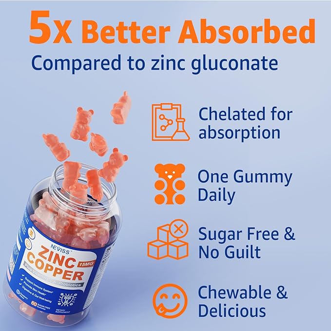 Zinc Gummies with Copper + Probiotics, Vitamin B6 for Max Absorption, Zinc Supplements for Men and Women, Two Essential Minerals Balance Formula for Immunity and Gut Health, Vegan, Non-GMO, 60 Cts