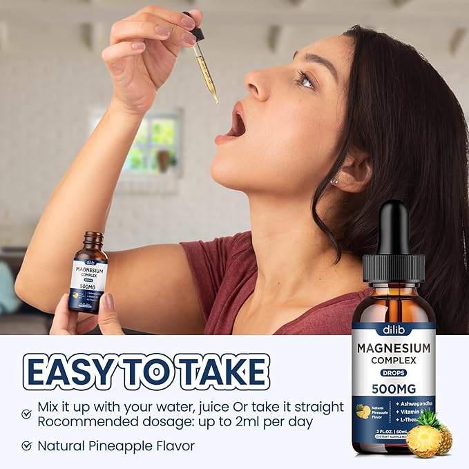 Triple Magnesium Complex Supplement-Magnesium Glycinate, Citrate, Malate Liquid Drops 500mg with Ashwagandha, L-Theanine, Vitamin B6 for Calm, Stress Relief, Sleep, Muscle Support-Pineapple Flavor