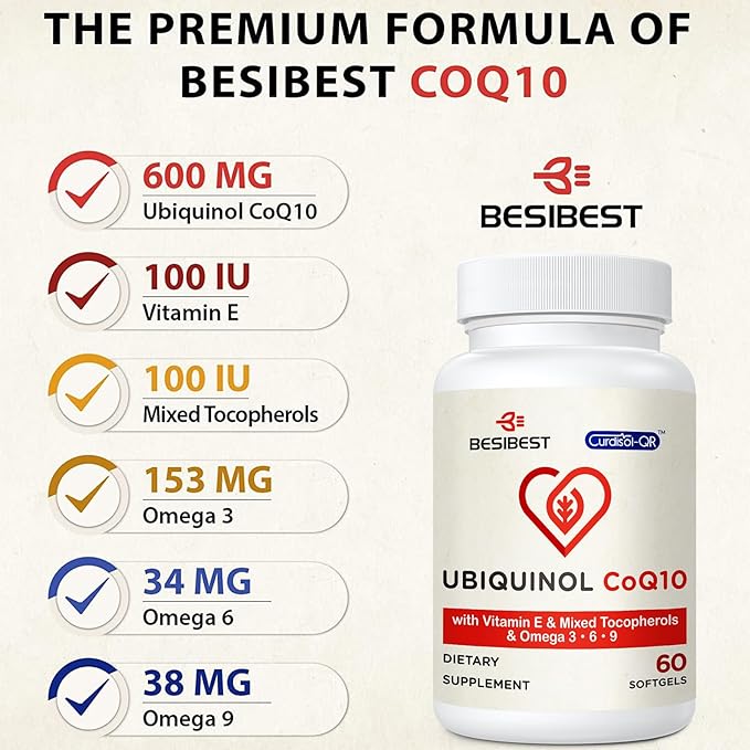 Ubiquinol CoQ10-600mg-Softgel, Active Coq10 Ubiquinol Supplement with Vitamin E & Omega 3, 6, 9, High Absorption-Coenzyme-Q10, Powerful Antioxidant for Energy Production, Tested, 60 Count