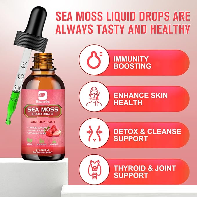 Sea Moss Liquid Drops - Organic Irish Sea Moss Gel with Spirulina, Bladderwrack, Burdock Root, Seamoss Gel Supplement for Immune, Joint, Detox Cleanse & Digestion Support - 2 Fl Oz, Vegan
