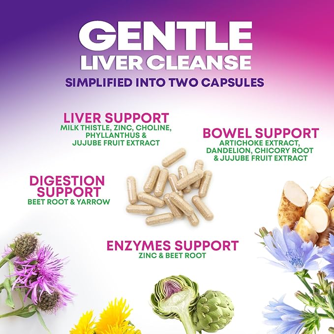 Gentle Liver Cleanse Detox & Repair Formula - Herbal Liver Support Supplement: Milk Thistle with Silymarin, Artichoke Extract, Dandelion, Beet, Chicory Root, & Turmeric for Liver Health - 180 Capsules