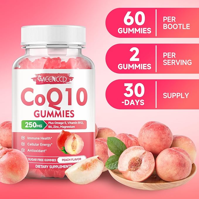 CoQ10 Gummies 250mg, Coenzyme Q10 Supplements Plus Omega-3, Vitamin B6 & Zinc, High Absorption CoQ10 Supplement for Cellular Energy & Antioxidant Support, Vegan, Peach Flavor, 120 Count