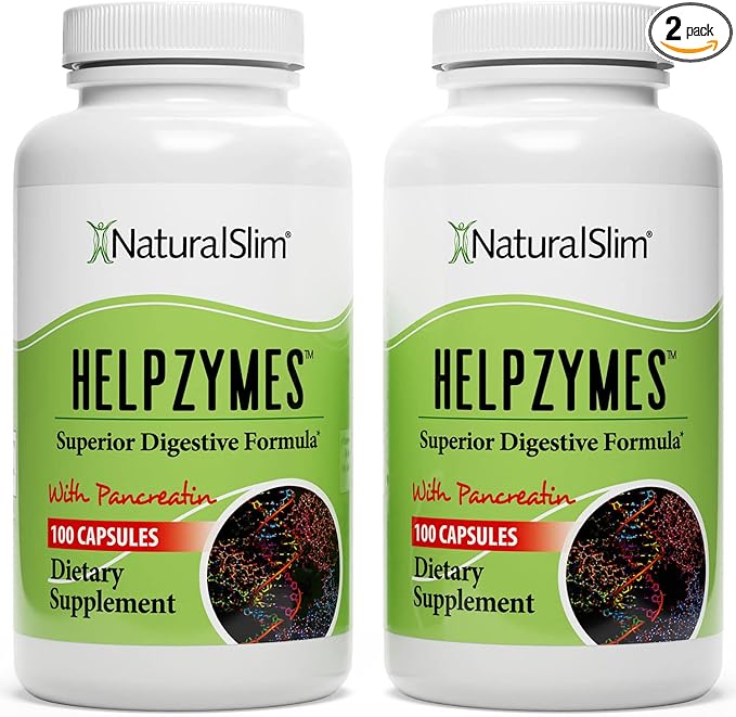 NaturalSlim Helpzymes Digestive Enzymes for Digestion, Bloating, Gas Relief & Gut Health Supplement - Digestion Supplement* with Pancreatin, Betaine HCL & Daily Essential Enzyme - 100 Caps (2 Pack)