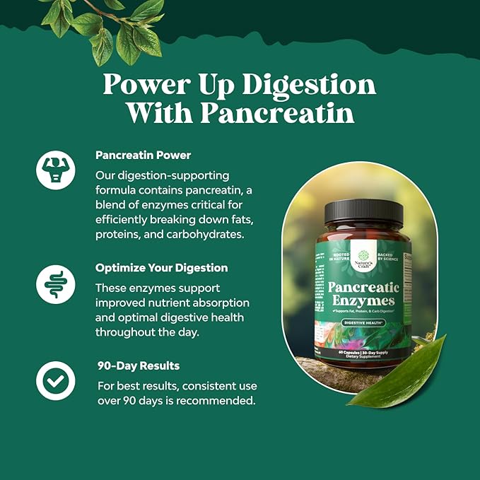 Pancreatin Digestive Enzymes for Digestive Health - Pancreatic Enzymes for Humans with Fat Carb and Protein Digestive Enzymes for Women and Men - Protease Amylase & Lipase Enzymes for Digestion - 60ct