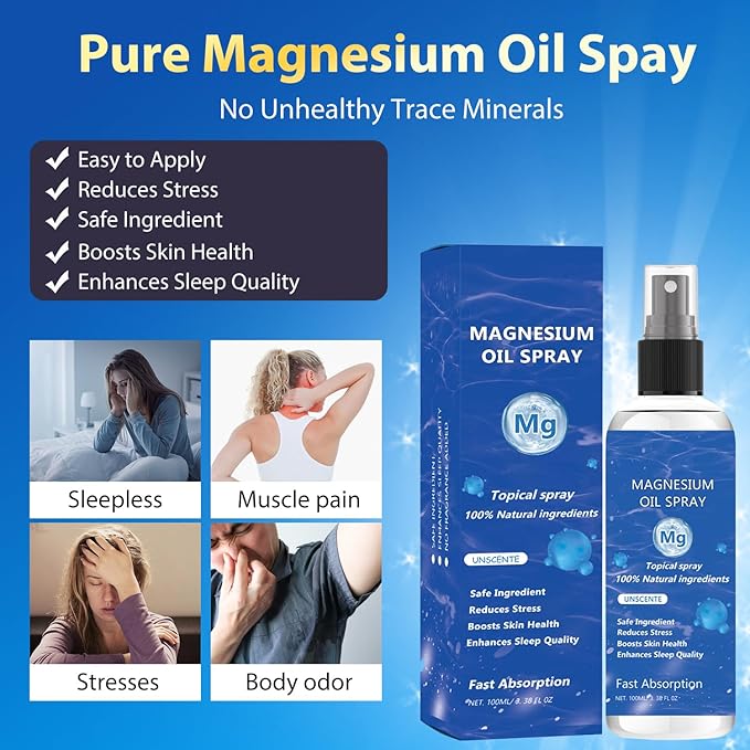 Magnesium Spray, Magnesium Oil Spray, No Unhealthy Trace Minerals - 100% Pure Organic Natural Topical Magnesium Spray, Magical Magnesium Skin Spray for Feet, Body, Sleep & Relaxation (100ml)