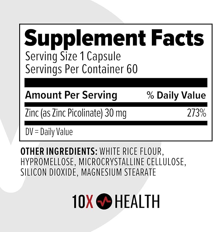 10X Health Zinc Picolinate - Contains Zinc 30mg for DNA & Protein Synthesis, Overall Wellness & Immune Support Supplement - Zinc Supplements - 60 Capsules