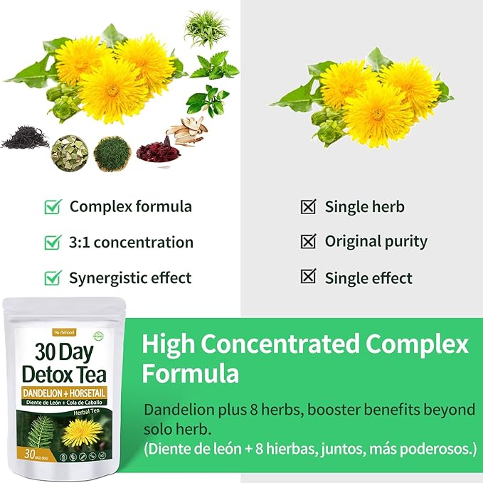 Herbmood 30 Day Detox Tea for body Cleanse, Te de Diente de Leon & cola de caballo Organico Natural, Limpieza de Colon y Desintoxicar, Digestive Health, Edema & Bloating Relief for Women, 30 Bags