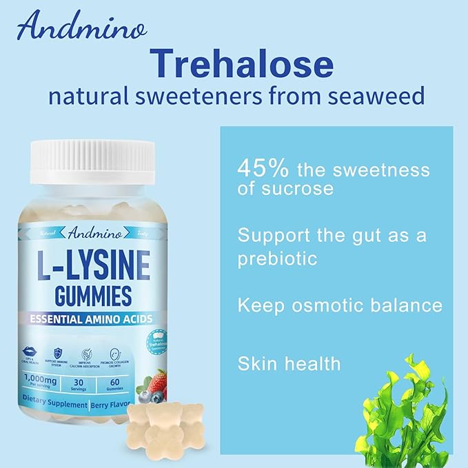 L-Lysine Gummies 1000 mg, with Trehalose, L Lysine Gummies for Lips & Oral Wellness, Immune Support & Collagen & Calcium, for Adults & Kids, Non-GMO, Vegan, Gluten Free, Berry Flavor, 60