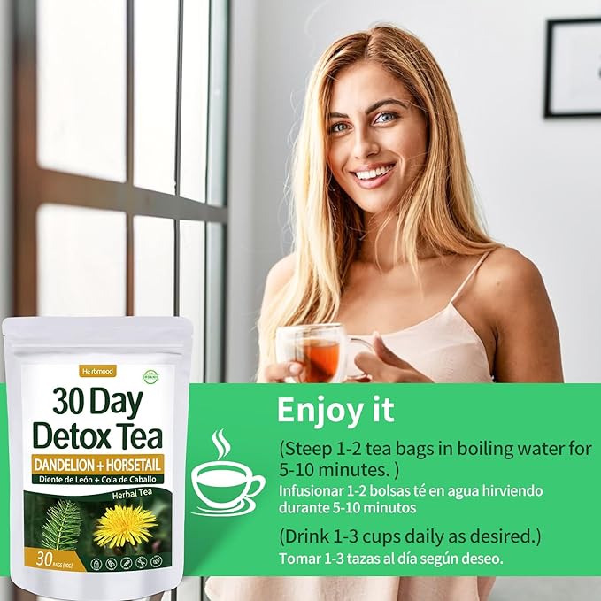 Herbmood 30 Day Detox Tea for body Cleanse, Te de Diente de Leon & cola de caballo Organico Natural, Limpieza de Colon y Desintoxicar, Digestive Health, Edema & Bloating Relief for Women, 30 Bags