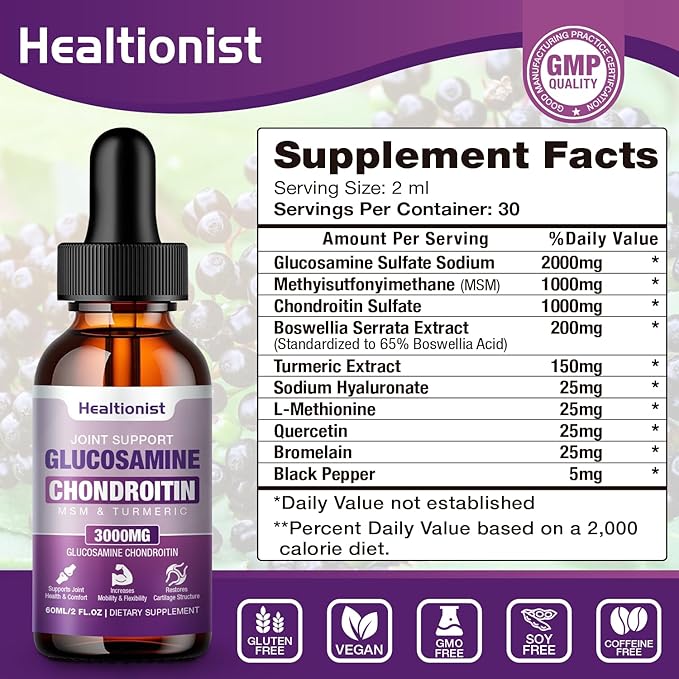 1 Pack Glucosamine Chondroitin MSM Liquid Drops, Extra Strength Joint Support Supplement for Adults Men & Women, Quercetin Boswelia, Bromelain, Antioxidant Immune Support (2 Fl oz)