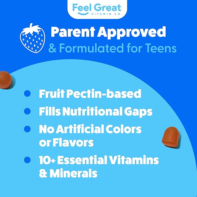 Feel Great Teen Multivitamin Gummies | Citrus & Strawberry Flavor for Teen Boys & Girls | for Bone, Muscle & Immune Support | Vegetarian | 30-Day Supply