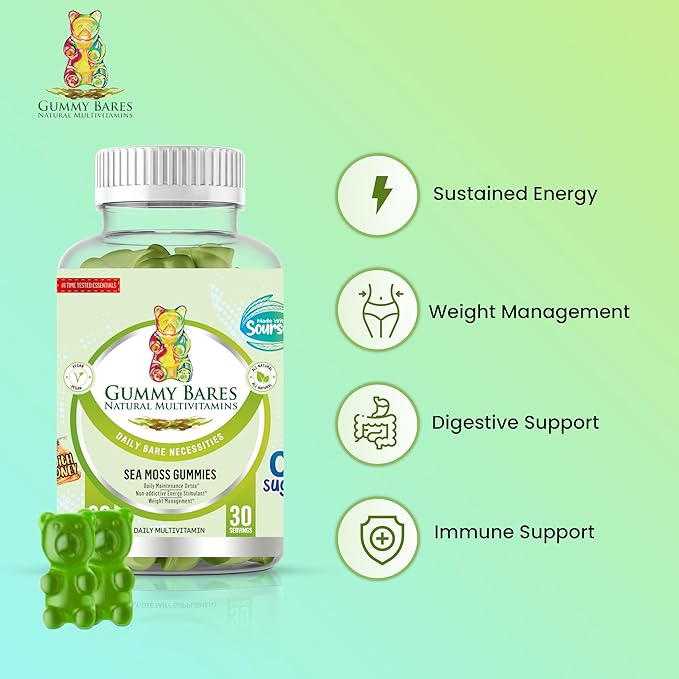Sea Moss, Bladderwrack, Burdock Root & Soursop Gummies | Immune Support, Joint Inflammation Support, Energy Boost, 0g Sugar | Vegan, 60 Count