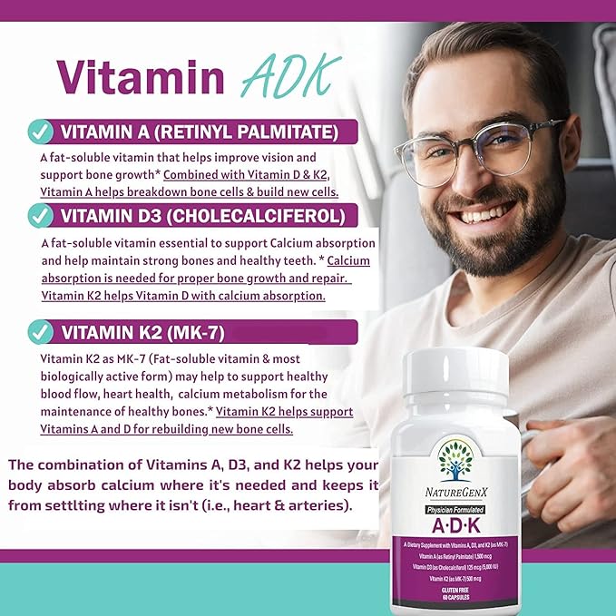 ADK Vitamin Supplement 5000 IU - High Potency Vitamins A, D3, and K2 for Bone Health and Calcium Absorption | Gluten-Free Vitamin ADK Supplement, 60 Day Supply, 60 Capsules