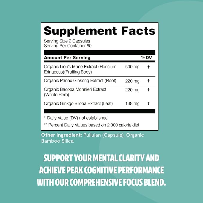 FreshCap 4-in-1 Focus Supplement - Brain Supplements for Memory and Focus - Memory Supplement for Brain, Brain Booster Supplement, Lions Mane Extract, Ayurveda Ginseng (120 Capsules)