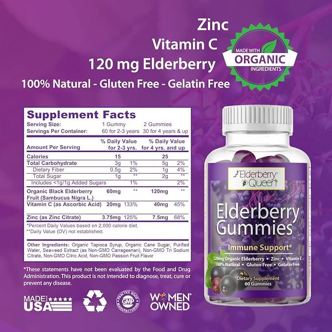 Elderberry Queen Organic Elderberry Gummies 60 ct - Immune Support Gummies with Vitamin C & Zinc - Elderberry Vitamin Gummies for Adults and Kids